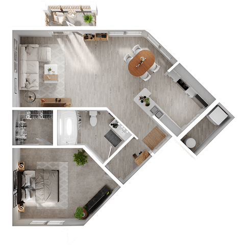 Floor plan for 1 bed, 1 bath, 691 sqft